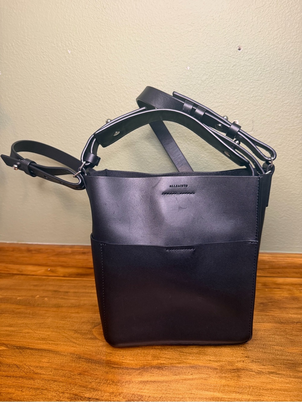 AllSaints Black Leather Crossbody Bucket Bag